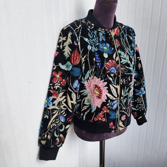 NWT $230 A.Z.I. New York Black Floral Tapestry Jacket Beaded Full Zip Linens M - Picture 12 of 16